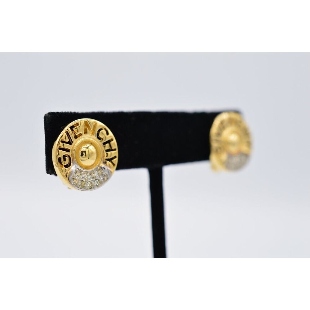 Givenchy Vintage Logo Clip Earrings Gold Rhinestone Crystal Round Signed BinAE - Picture 4 of 10